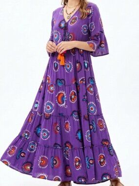 Ceylin Otantik Turkish Cotton Tiered Maxi Dress Purple Boho Evil Eye Witchy M